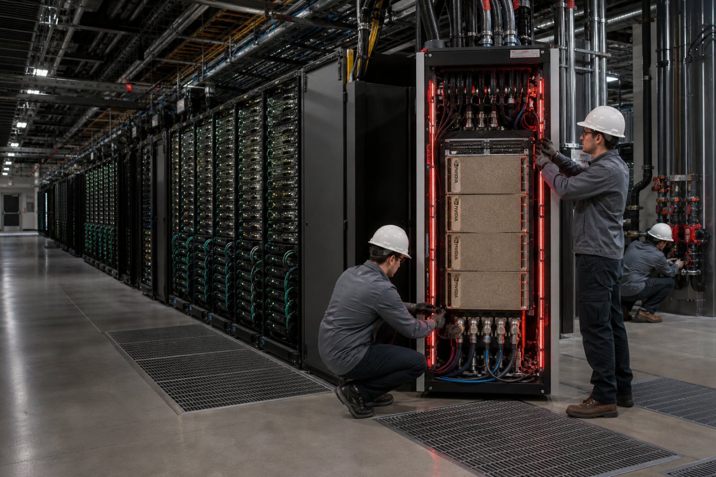 Infraestrutura de computação da NVIDIA em operação e expansão dentro de um data center de IA.