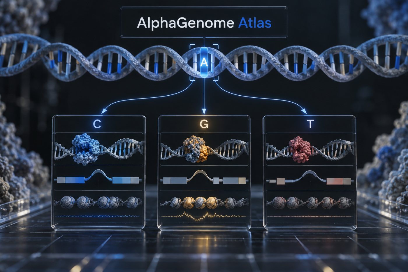 Uma posição do DNA com três substituições possíveis registradas como variantes previstas pelo AlphaGenome Atlas.