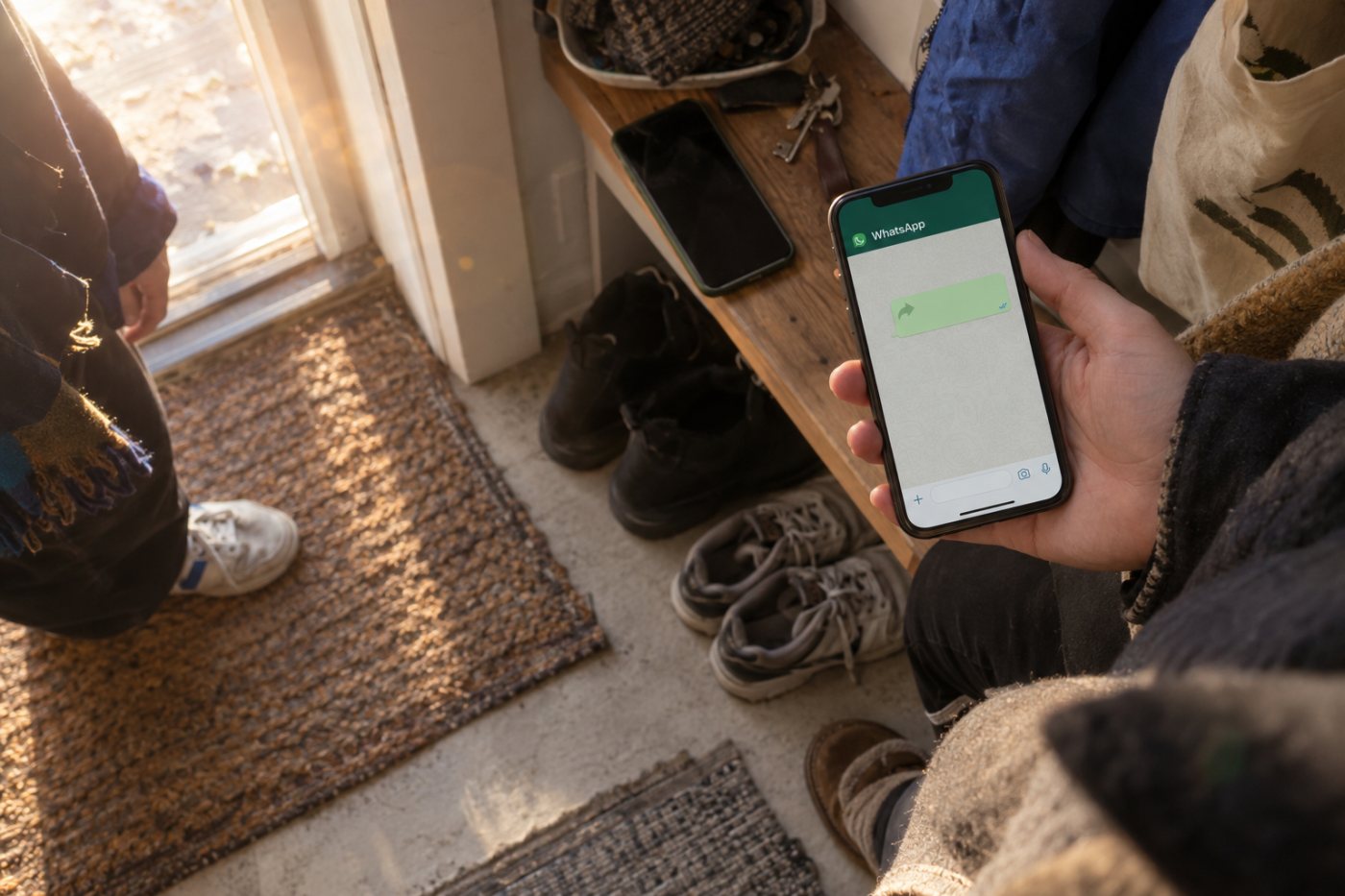 WhatsApp-viestin edelleenlähetetty kopio jää näkyviin keskustelussa, jossa katoavat viestit eivät ole käytössä.
