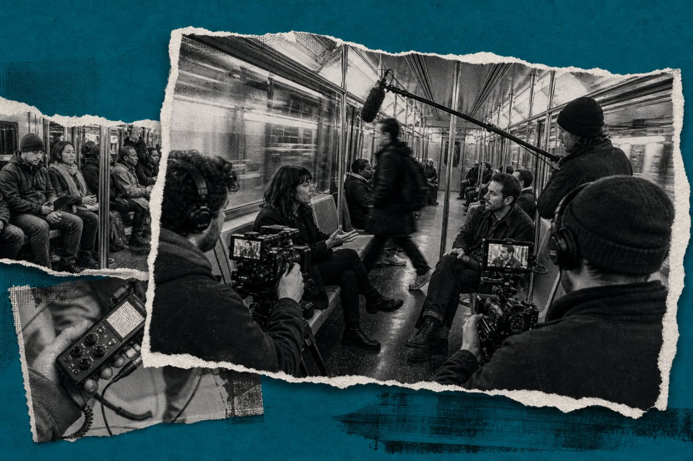 Equipo multicámara y sonido dedicado registran una entrevista breve dentro de un metro en movimiento.