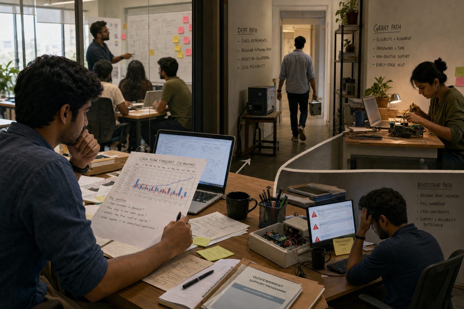 Founder comparing equity, debt, grants, and bootstrapping for startup runway
