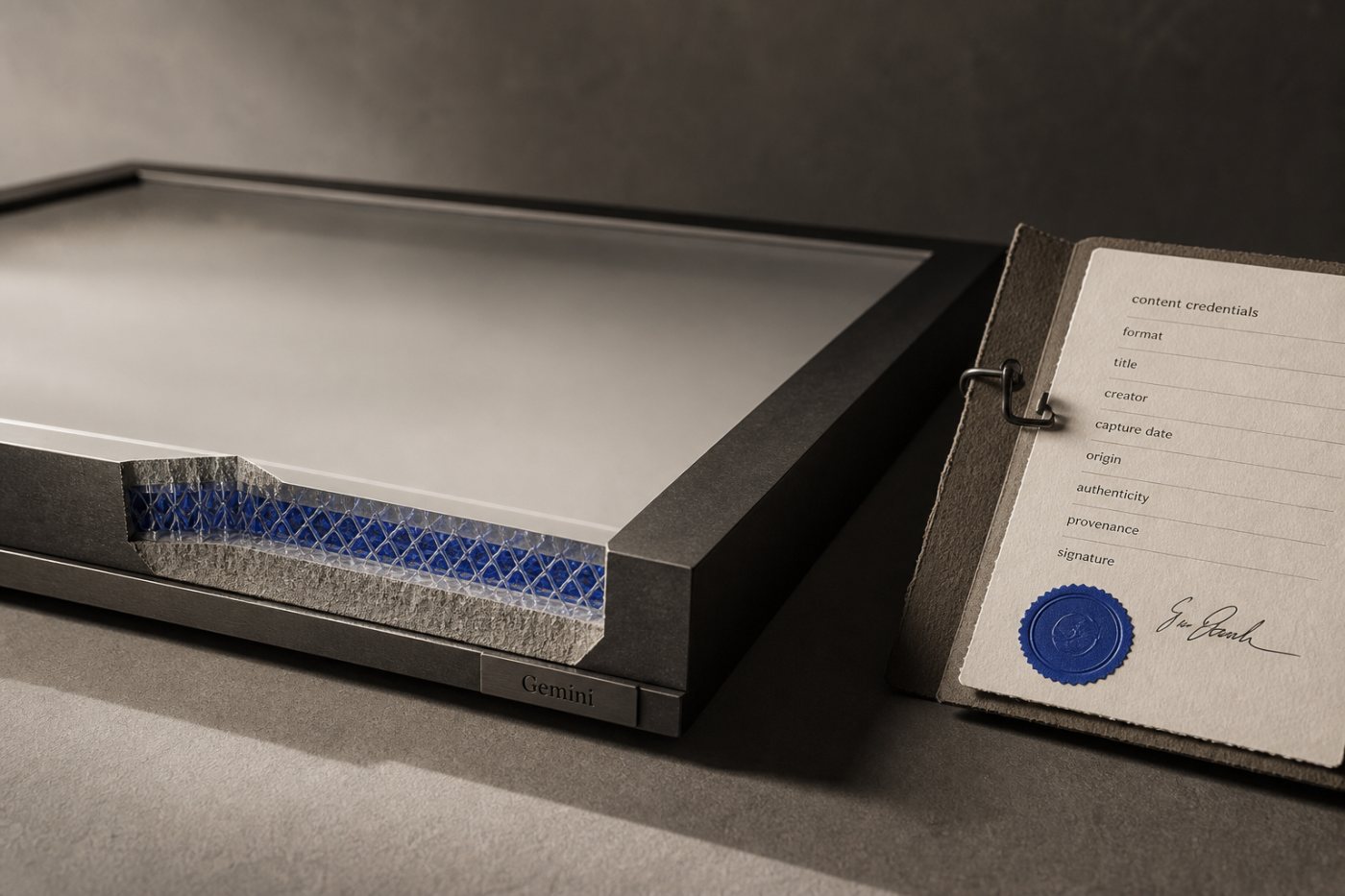 Les trois couches d’une création Gemini : marque visible, signal SynthID et informations C2PA.