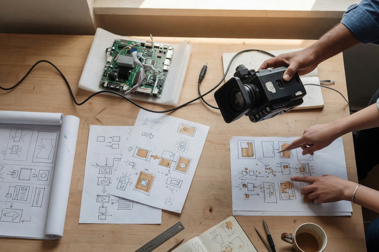 Engineer and colleague interacting with physical camera hardware for vision AI planning