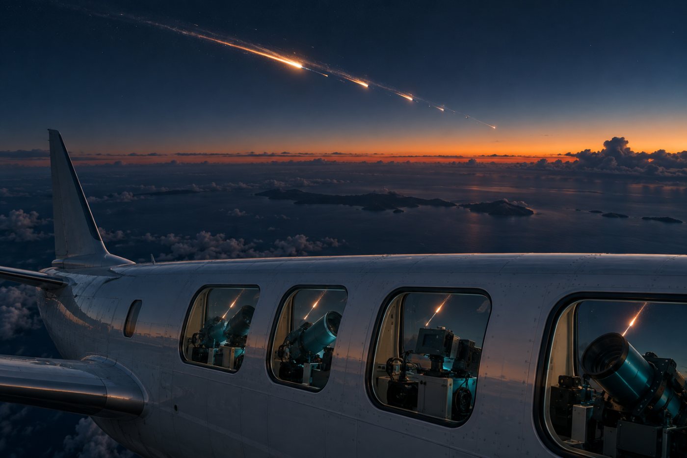 Ein Forschungsflugzeug verfolgt den vorausberechneten Wiedereintritt eines Cluster-Satelliten über dem Südpazifik.