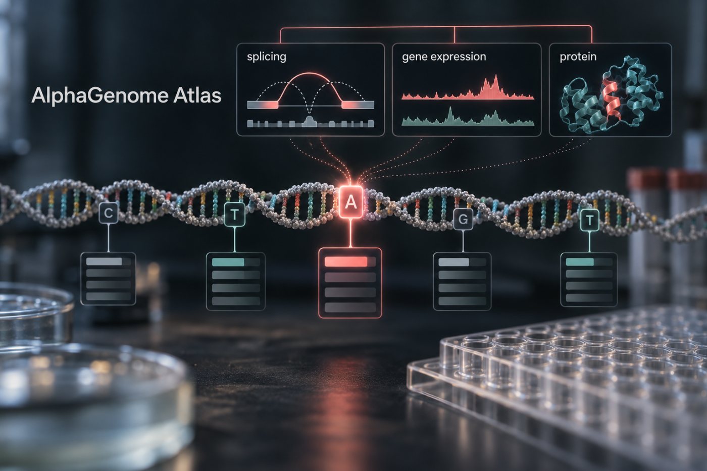 AlphaGenome Atlas میں مختلف variants کی AVI درجہ بندی اور بلند score کے پیچھے ممکنہ سالماتی اثرات