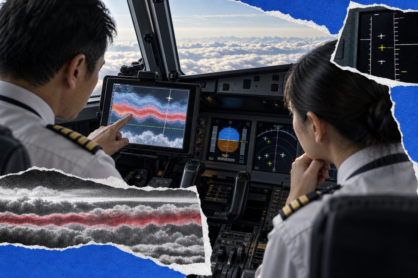 Cathay Pacific کے کاک پٹ میں پائلٹ Electronic Flight Folder پر contrail forecast اور عملی پروازی معلومات کا جائزہ لیتے ہوئے