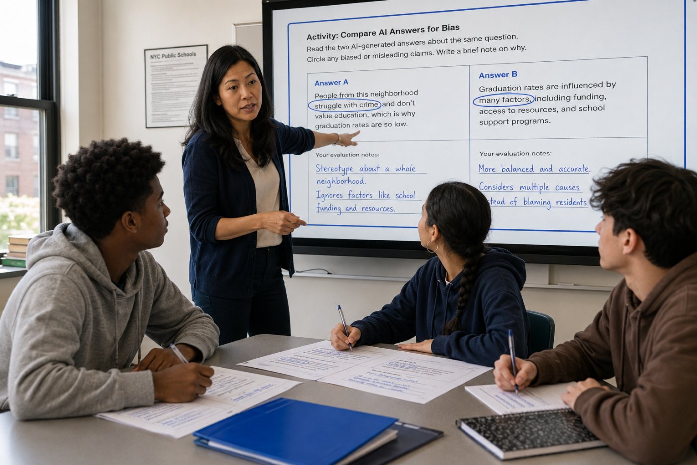 Alunos do ensino médio de Nova York avaliam respostas de IA sobre viés e desinformação com orientação docente.