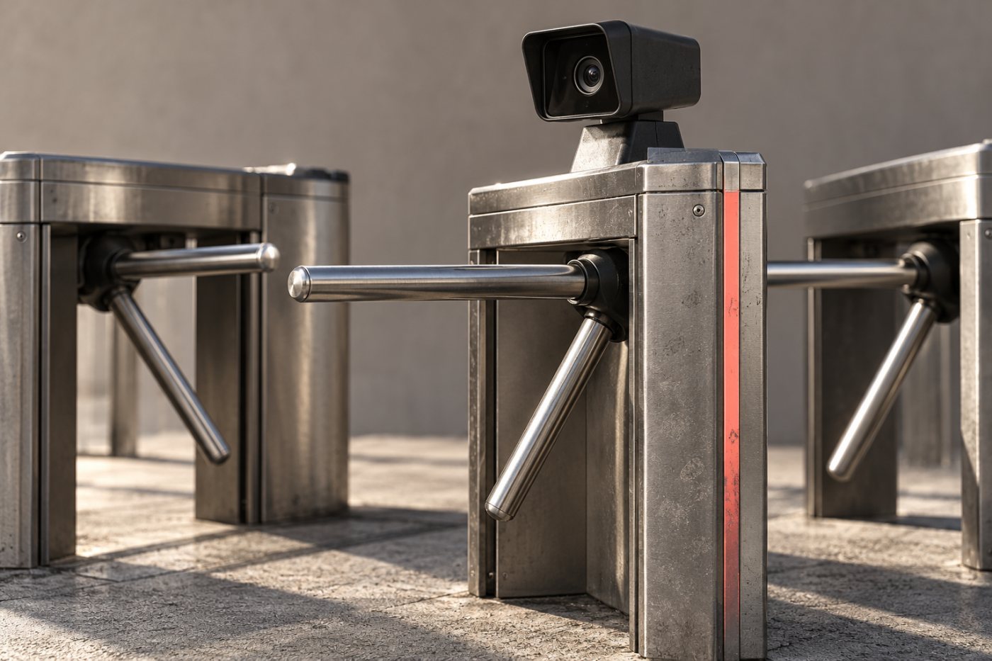 A stadium facial recognition check is connected to a decision about entry.