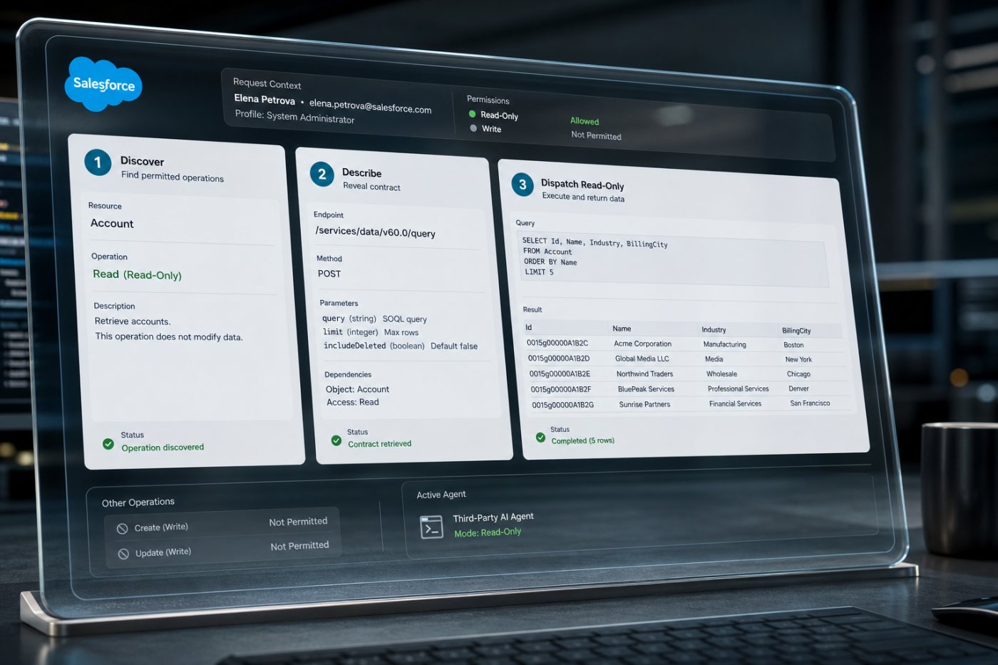Агент последовательно обнаруживает операцию Salesforce, получает её контракт и выполняет запрос только для чтения
