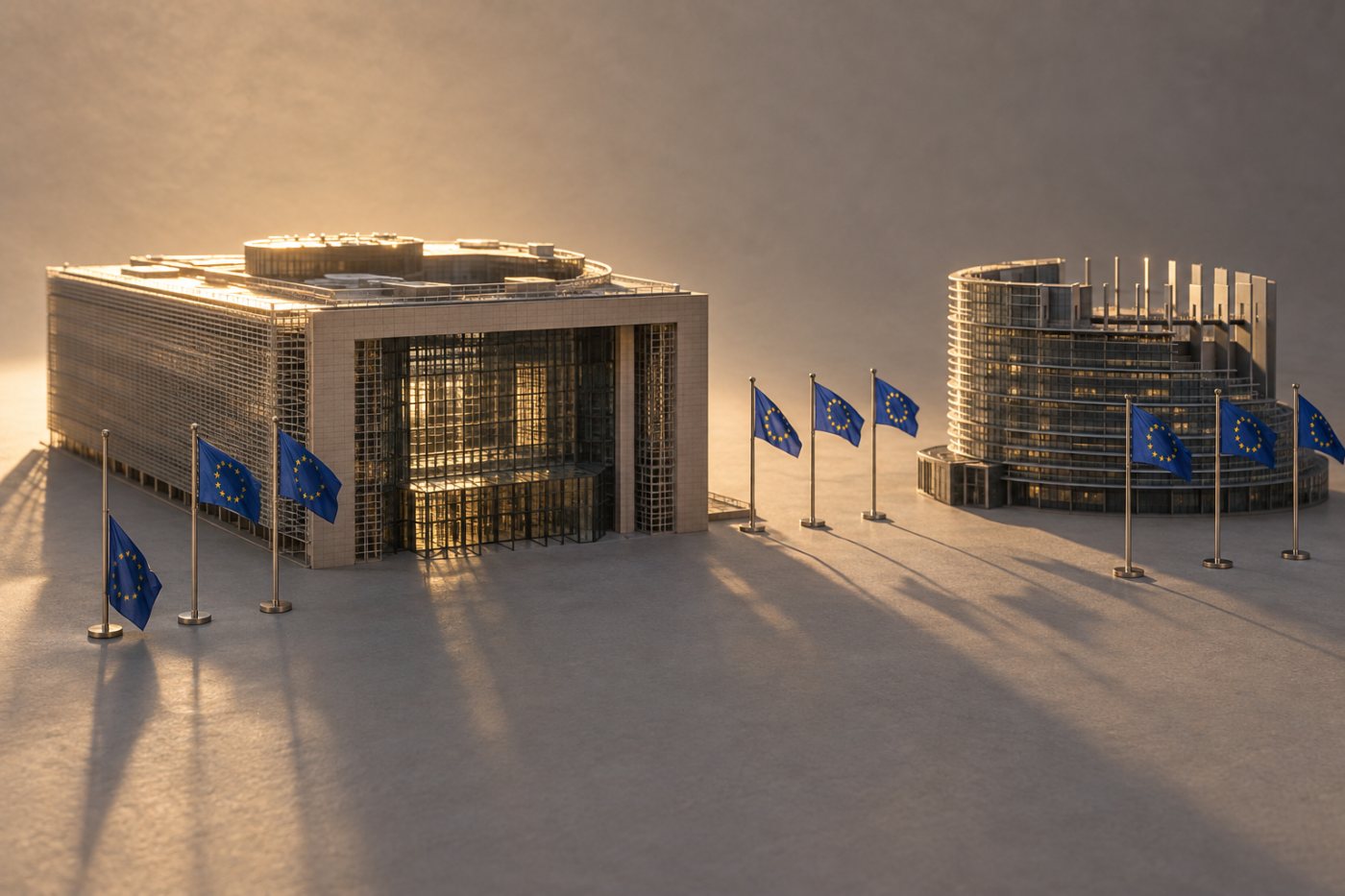 EU Council and European Parliament buildings represent the legislative stages still ahead for the Digital Omnibus.