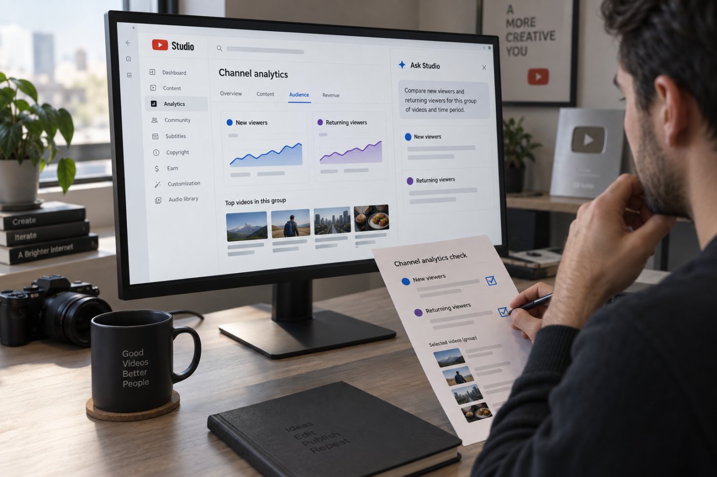 Comparación de espectadores nuevos y recurrentes con verificación en la sección Audiencia de YouTube Studio.