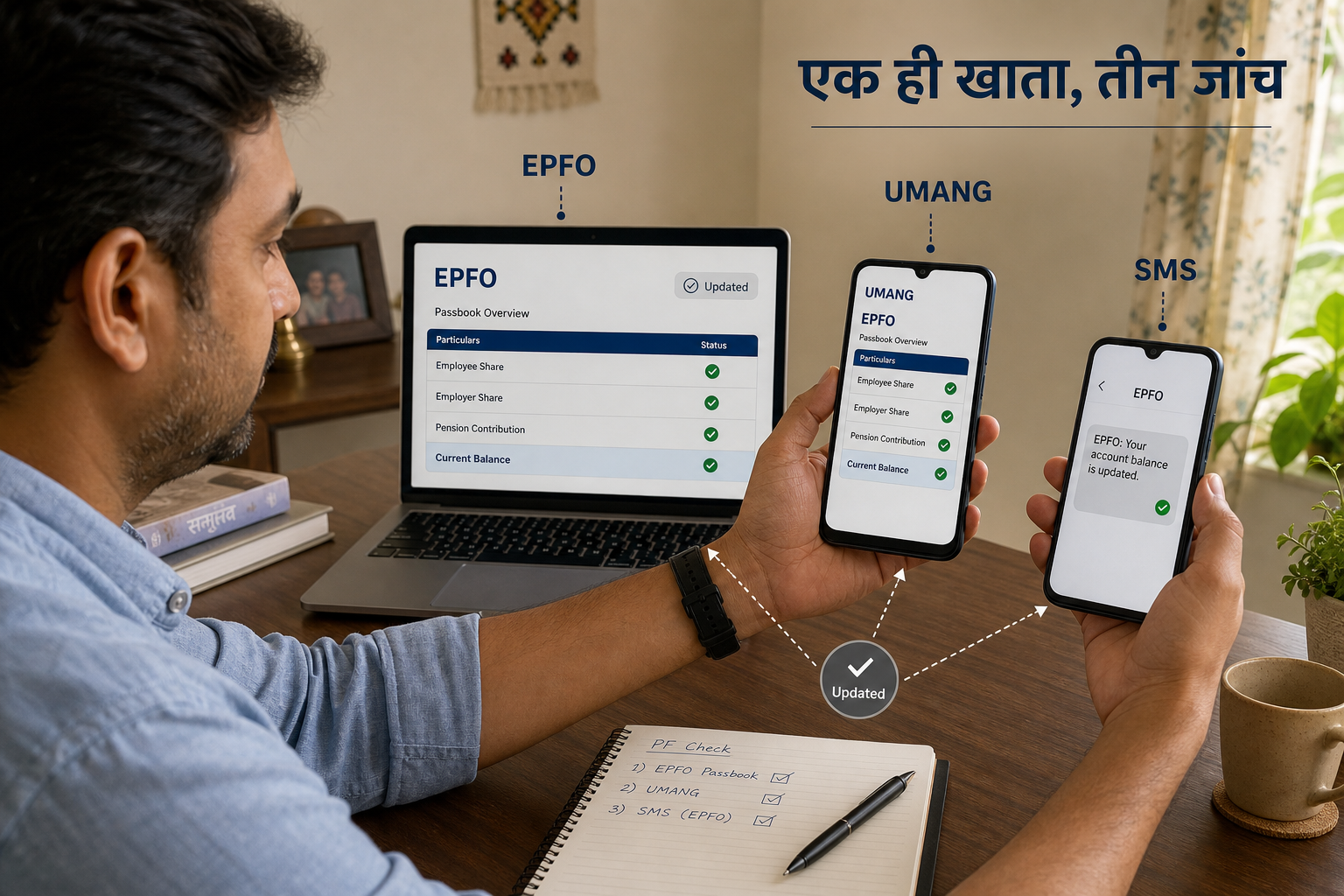 EPF सदस्य पासबुक, UMANG और एसएमएस से एक ही PF बैलेंस की पुष्टि करता हुआ