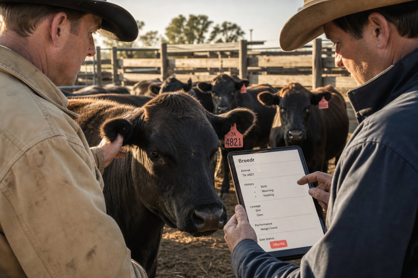 Gado identificado é avaliado para negociação com históricos produtivos associados a cada animal.