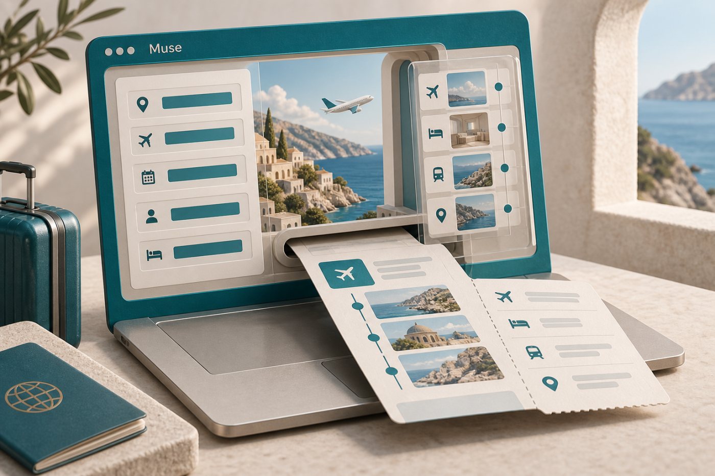 Muse bearbeitet eine mehrstufige Reisebuchung bis zum vorbereiteten Reiseplan.