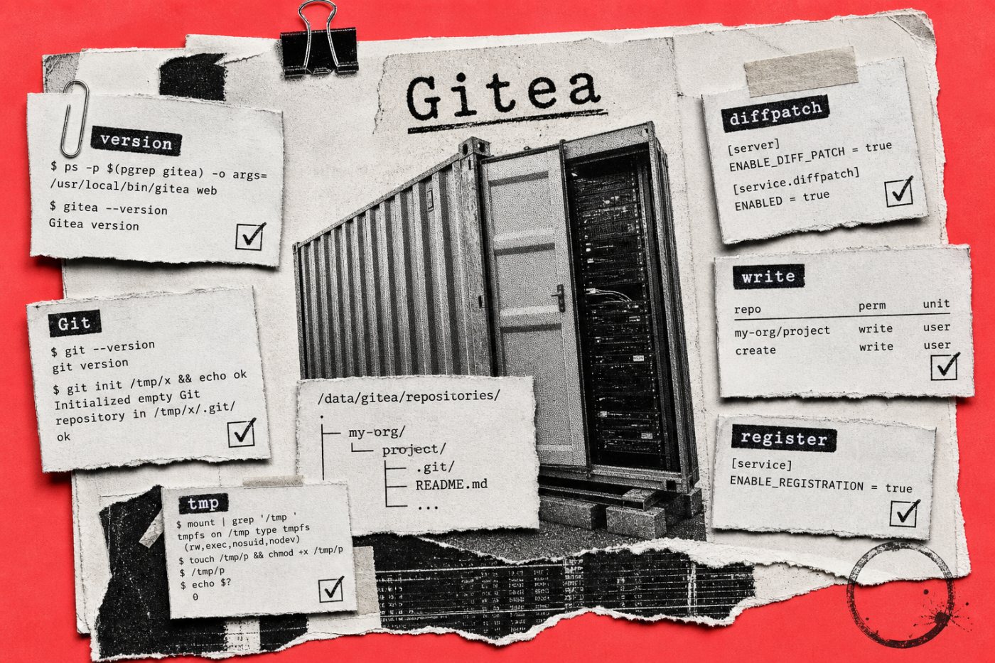A Gitea exposure review checks version, Git runtime, diffpatch availability, repository permissions and registration policy.