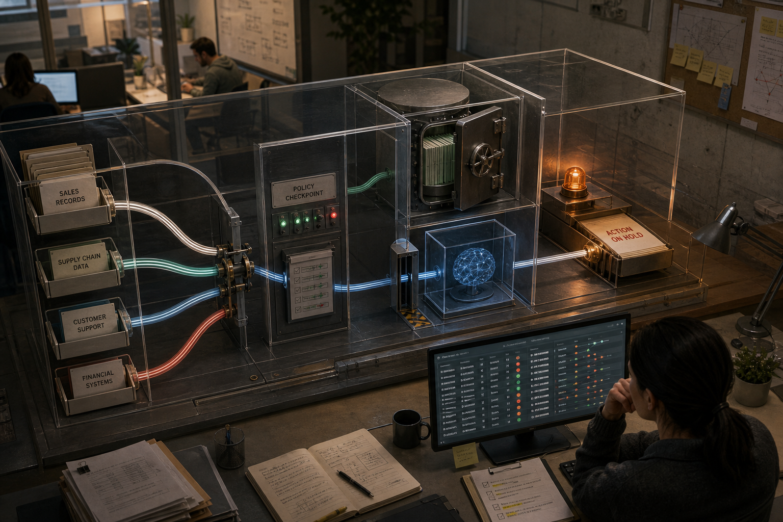 A protected AI workflow separates proprietary company data from model access and requires human approval for a sensitive action.