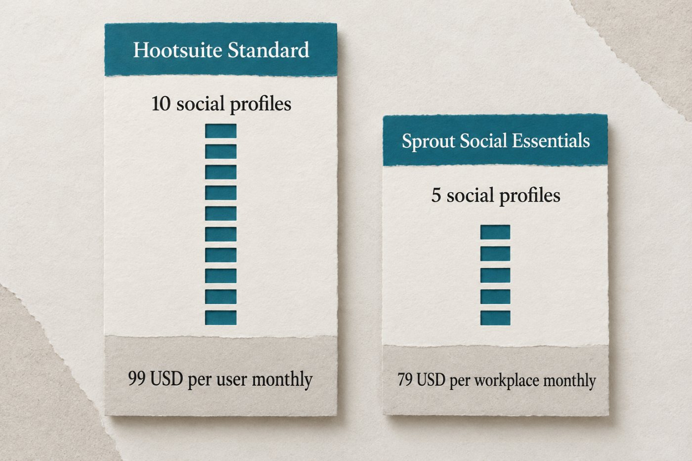 Model pre troch používateľov a dvanásť profilov porovnáva náklady plánov Hootsuite Professional a Sprout Social Professional.