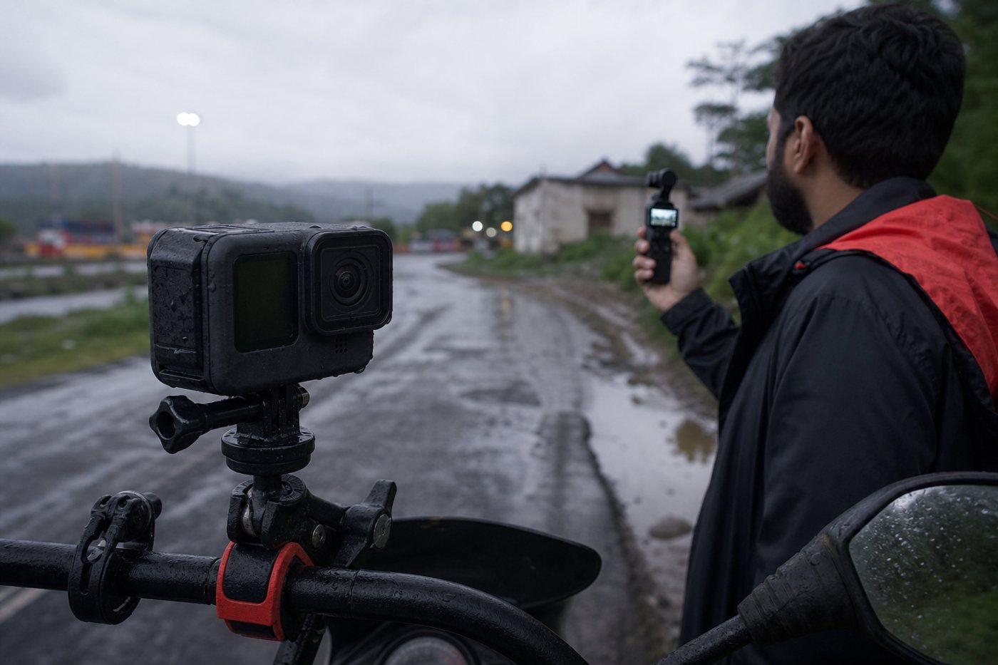 मोटरसाइकिल माउंट पर GoPro HERO13 Black और हाथ में उपयोग हो रहा DJI Osmo Pocket 3, एक्शन तथा नियंत्रित व्लॉग स्थिरीकरण का अंतर