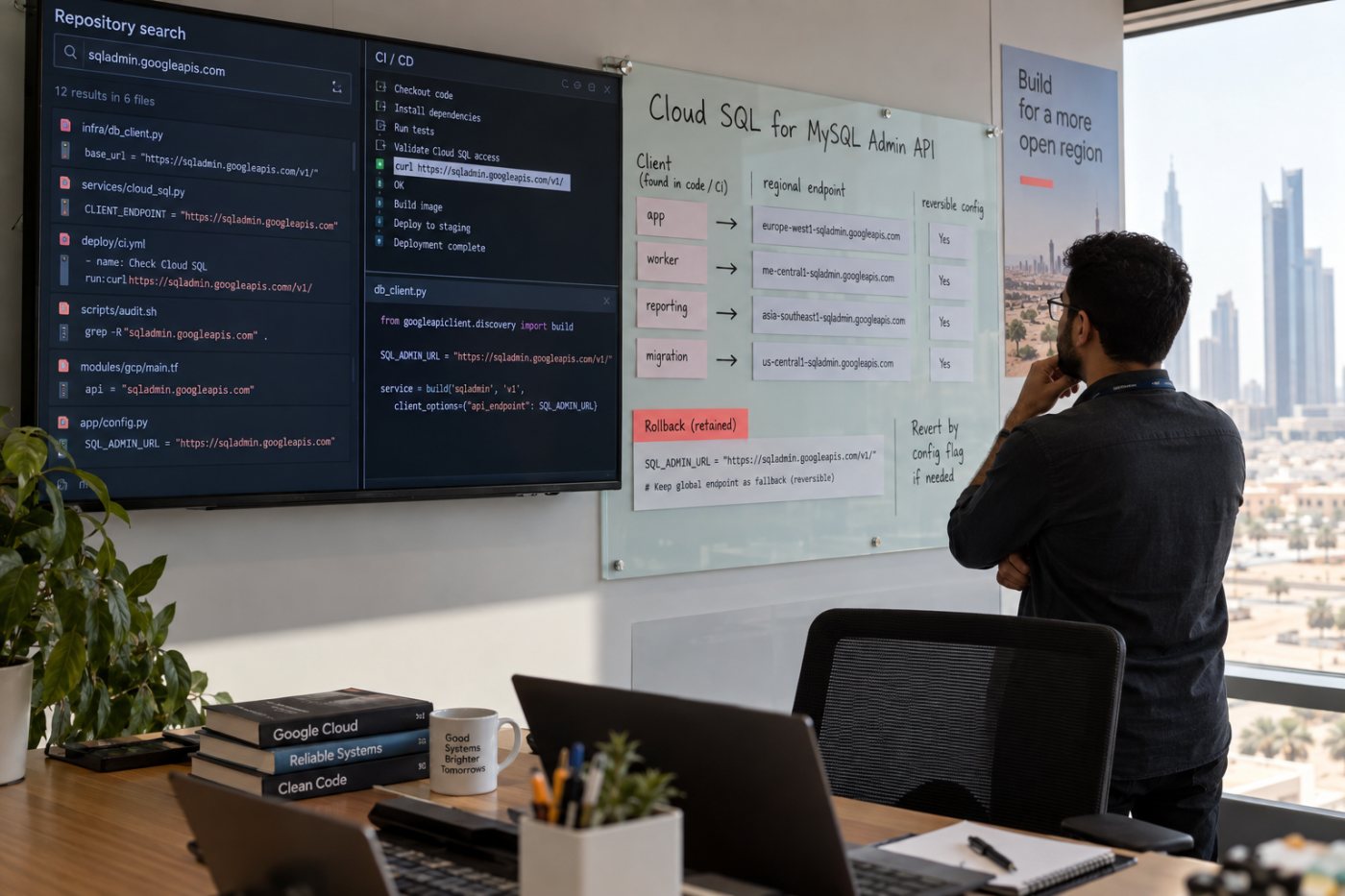 جرد العنوان العالمي في الشفرة وCI/CD وربط كل عميل بنقطة Cloud SQL الإقليمية المناسبة