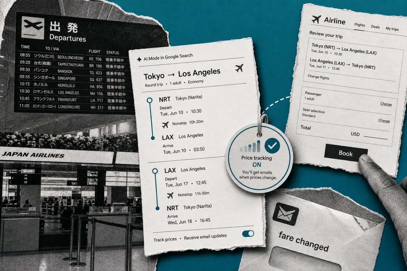 日本発の航空券をAI Modeで価格追跡し、運賃変動をメールで受け取って提携先で購入する流れ