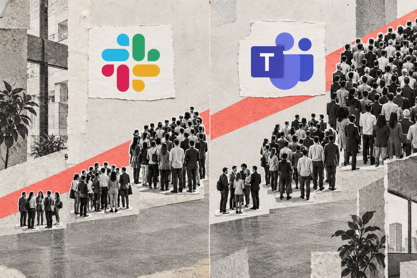 Comparación del coste anual de Slack Pro y Microsoft Teams Essentials para equipos de 10, 50 y 200 personas.