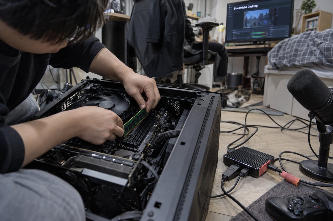 게임 방송용 PC의 메모리와 캡처 장비가 함께 보이며, Streamlabs Desktop의 오버레이 작업에 필요한 자원 여유를 드러낸다.