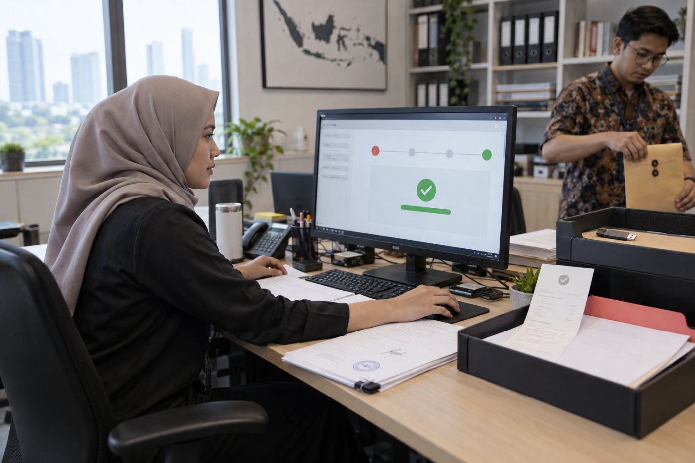 Petugas mengirim laporan aset digital melalui sistem OJK dan mengarsipkan bukti penyampaiannya.