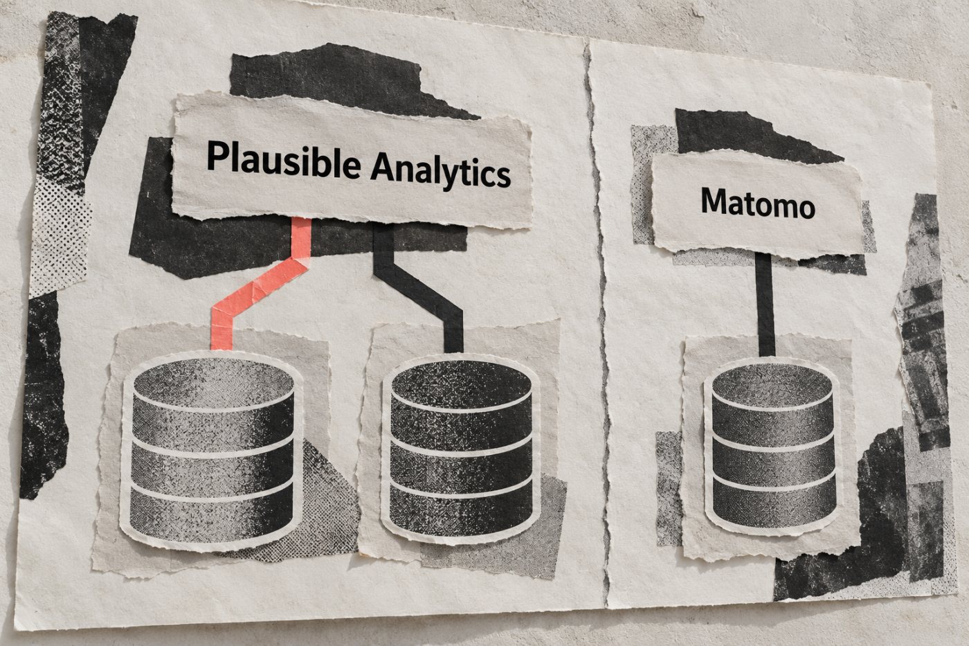Plausible Community Editioni isemajutus ühendab PostgreSQL-i ja ClickHouse’i, Matomo kasutab MySQL-i või MariaDB-d.