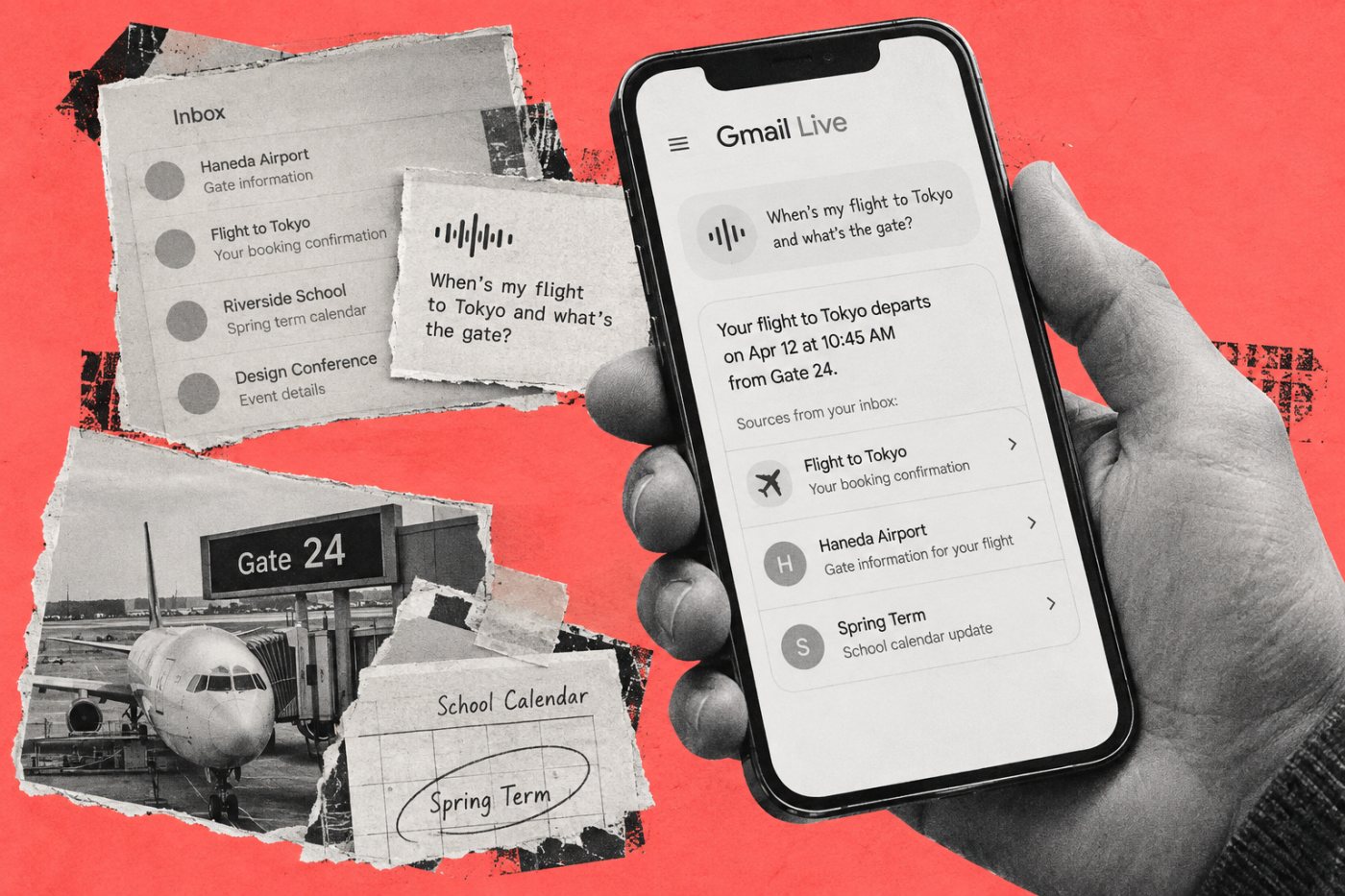 Gmail Live가 음성 질문에 답하고 근거 이메일을 제시하는 과정