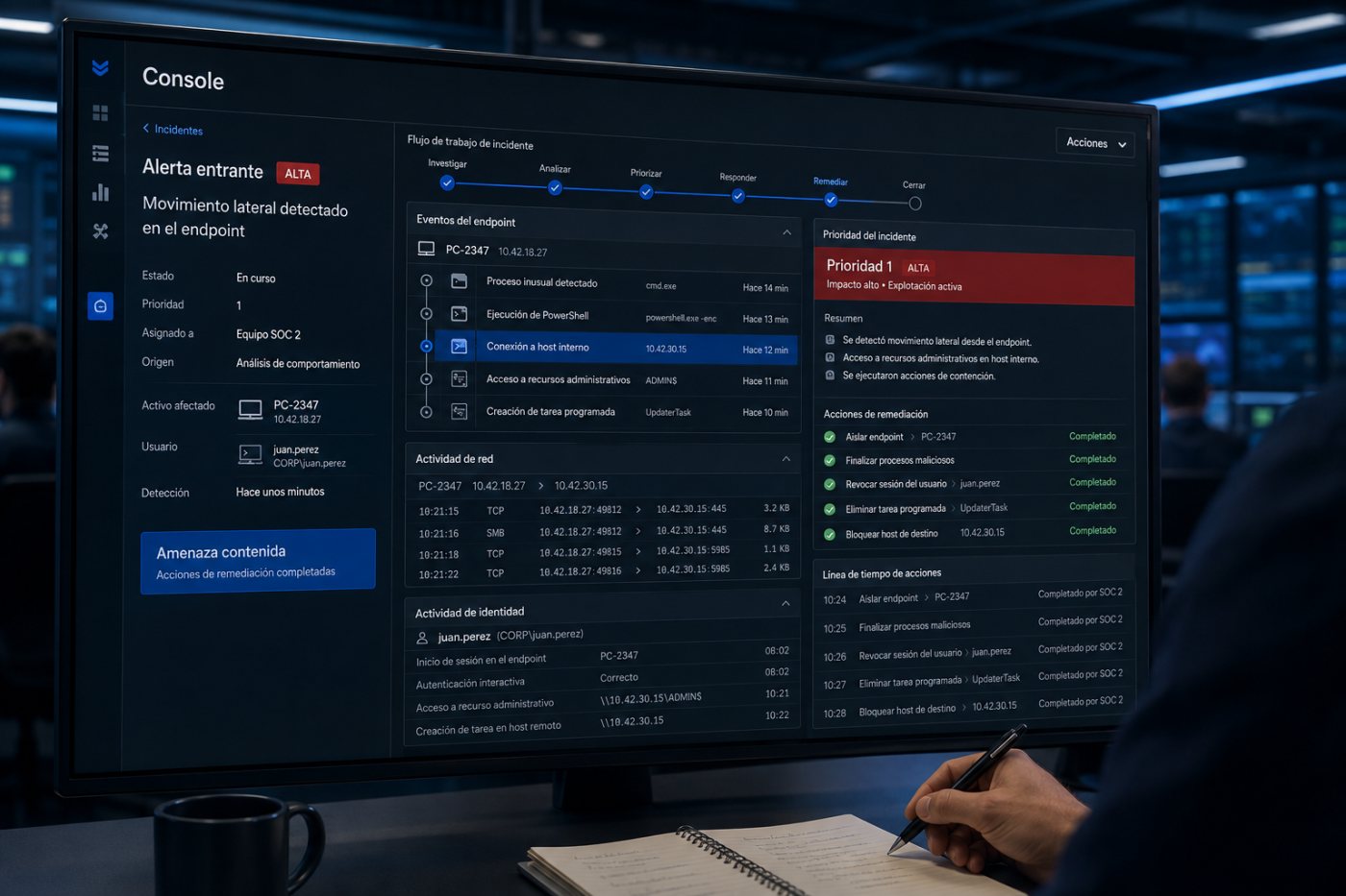 Console investiga, prioriza y remedia una alerta dentro del flujo operativo previsto para Cortex.
