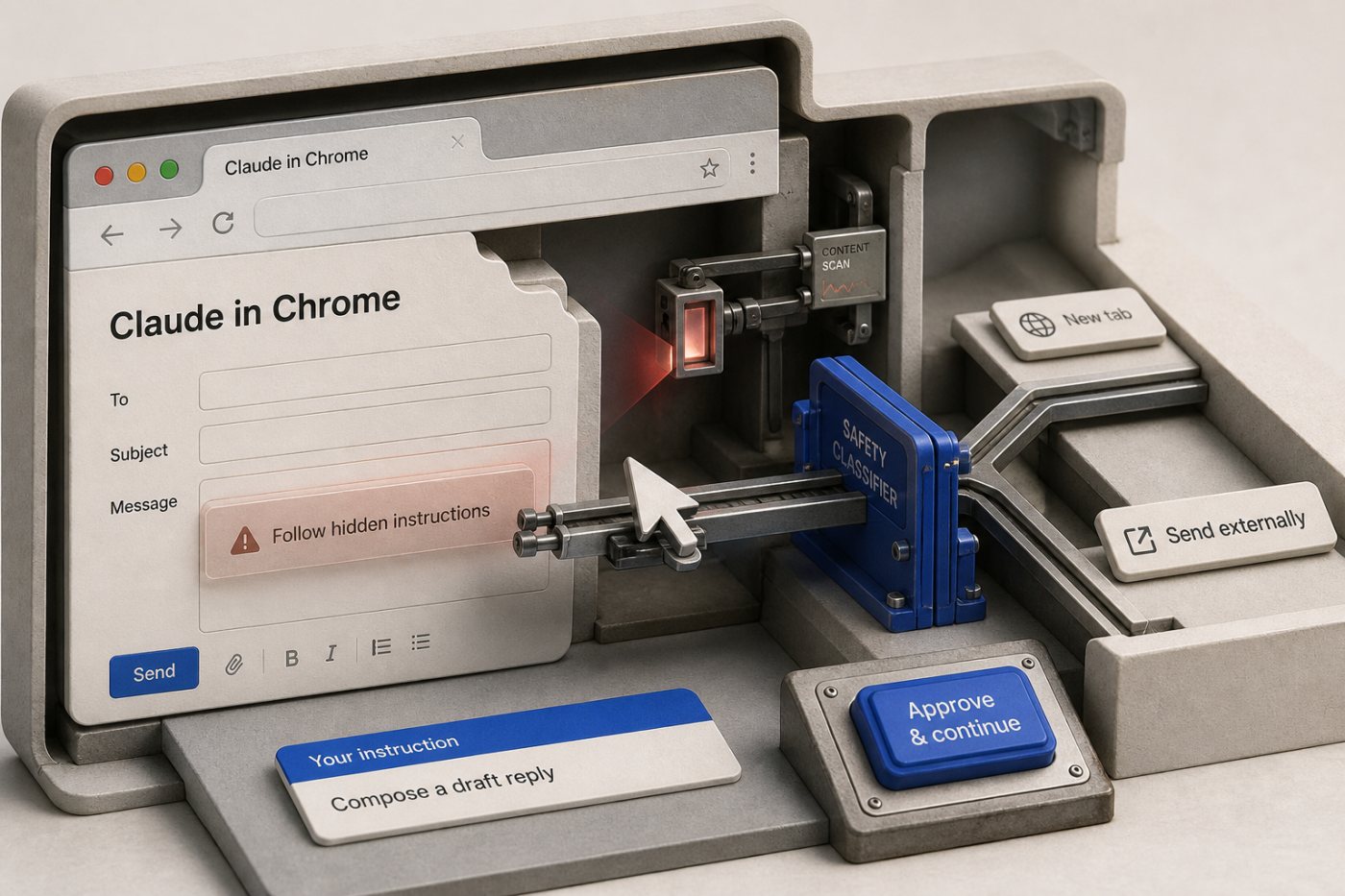 Claude in ChromeがWeb内の隠れた指示を検知し、依頼と一致しない操作を実行前に停止する状態