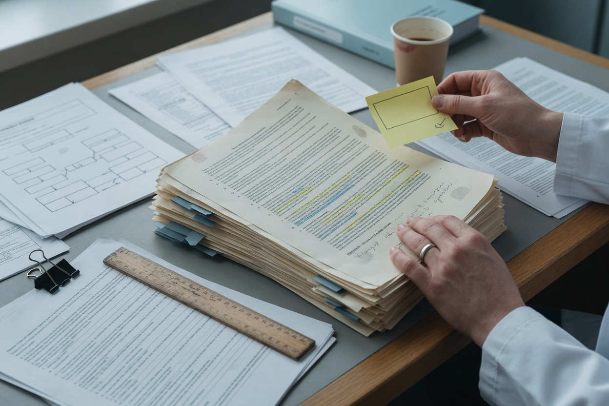 Physician examining institutional AI policy documents