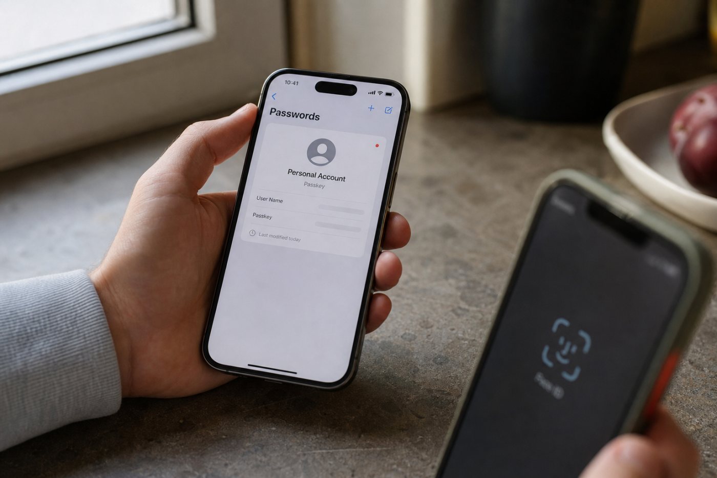 Создание ключа доступа на iPhone, его сохранение в приложении «Пароли» и проверка входа кодом или биометрией
