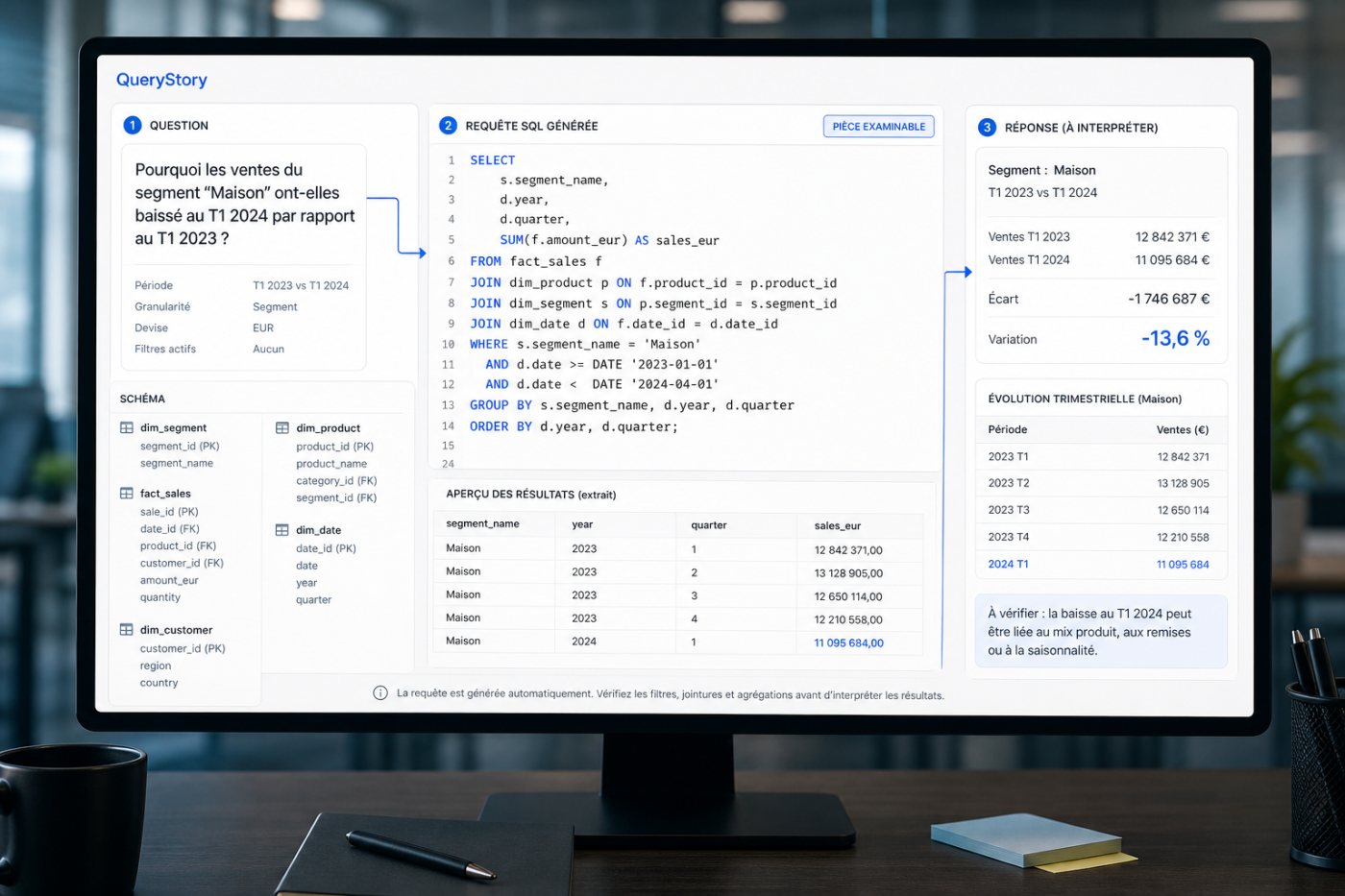 QueryStory relie une question métier à la requête SQL inspectable qui produit la réponse.
