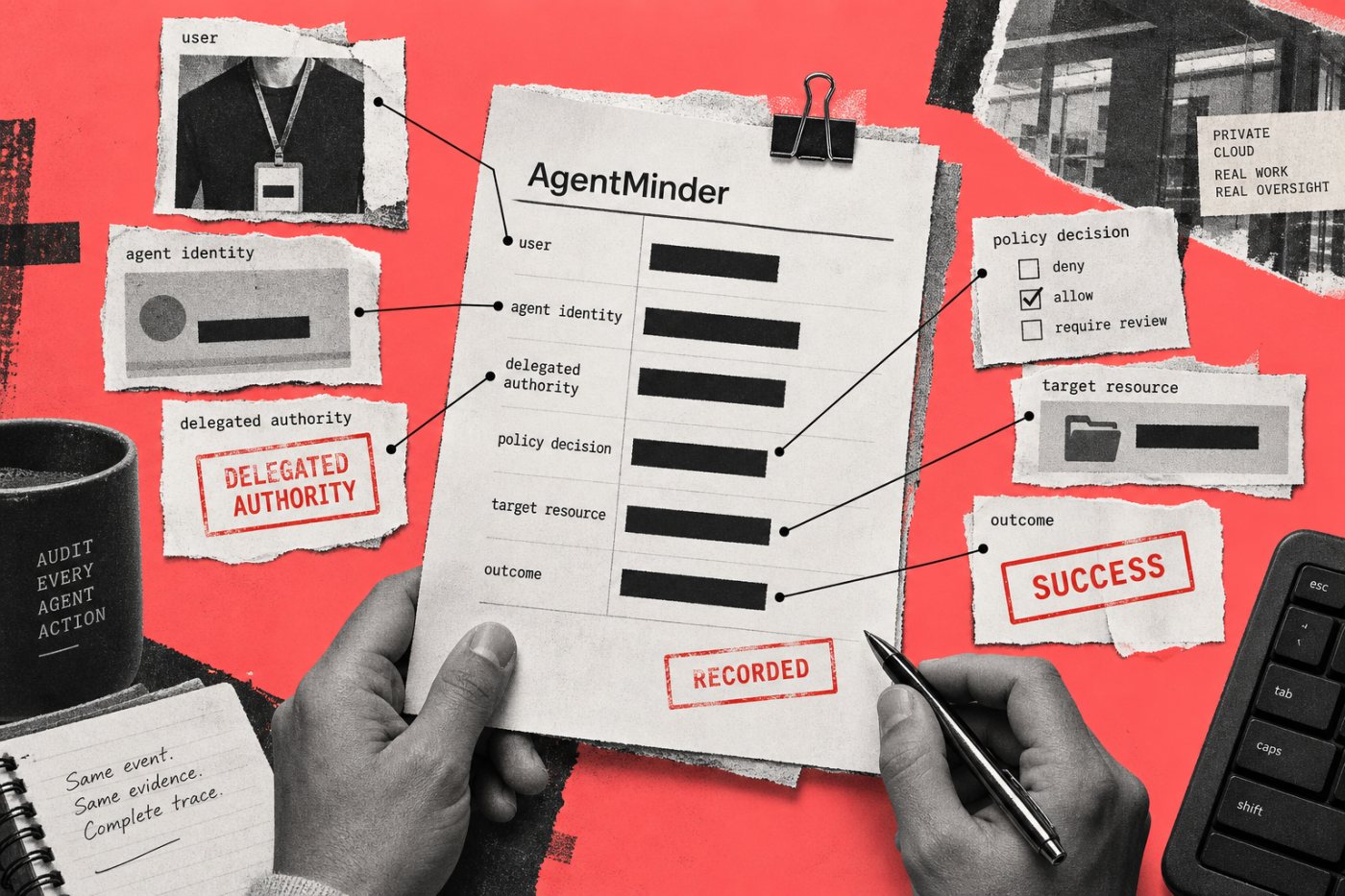 AgentMinder کے audit record میں user، agent، اختیار، policy decision اور کارروائی کا نتیجہ ایک سلسلے میں محفوظ