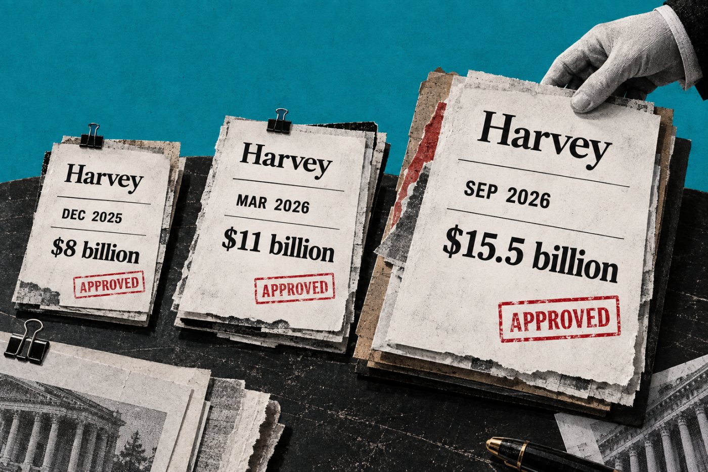 Harvey’nin Aralık 2025’te 8 milyar, Mart 2026’da 11 milyar ve Eylül 2026’da 15,5 milyar dolara çıkan değerleme çizgisi