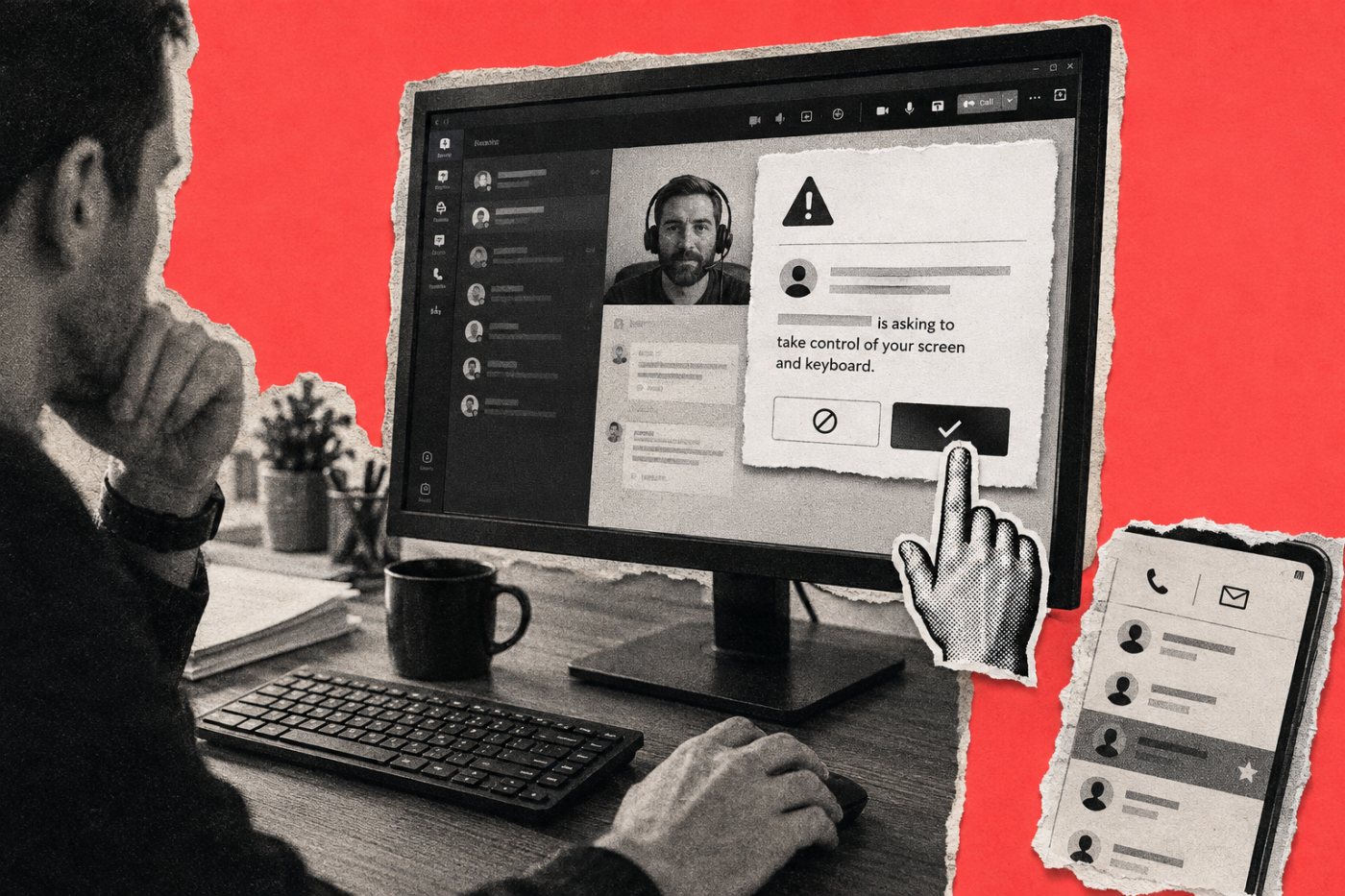 An external Microsoft Teams help-desk contact attempts to turn a support conversation into approved remote control.