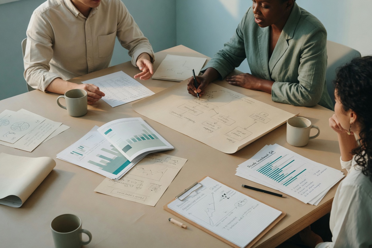 Team members planning AI adoption using notebooks in a business setting