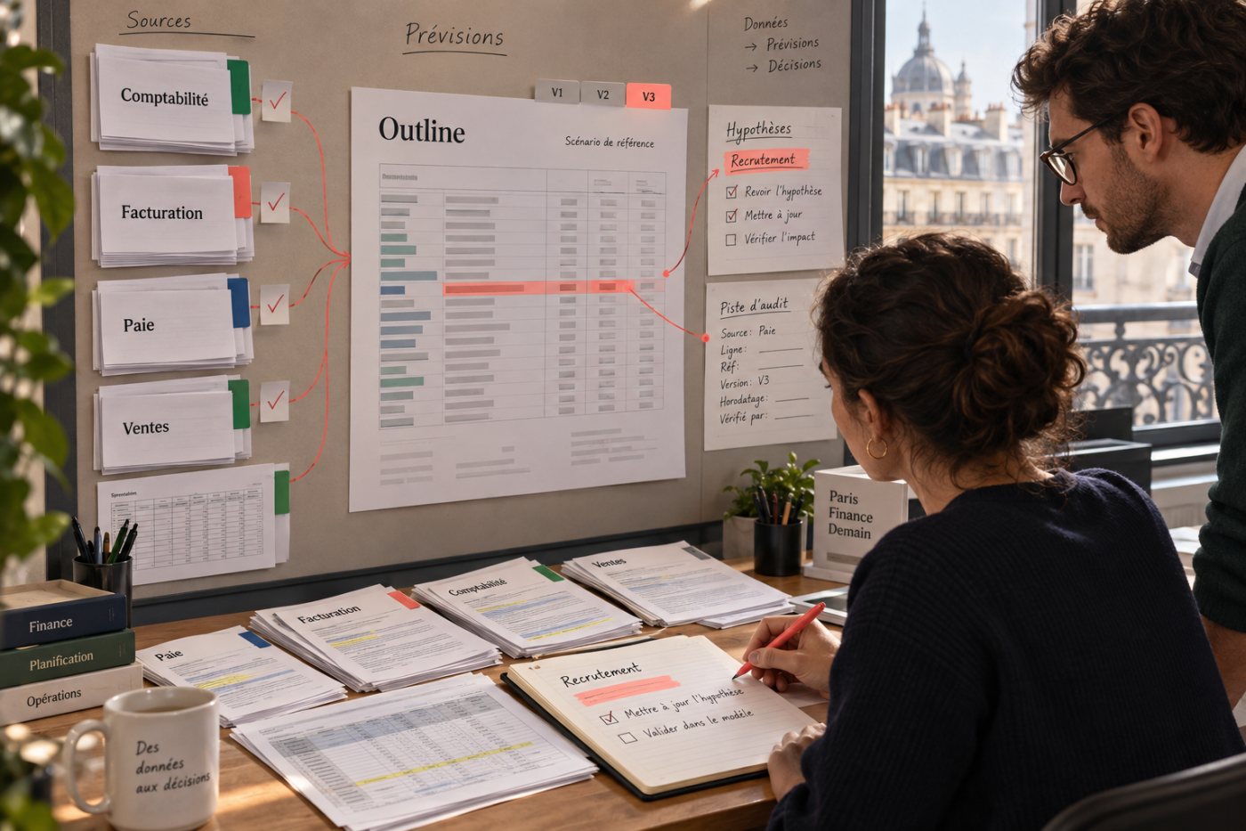 Le processus Outline relie plusieurs sources financières à une prévision dont les chiffres restent traçables.