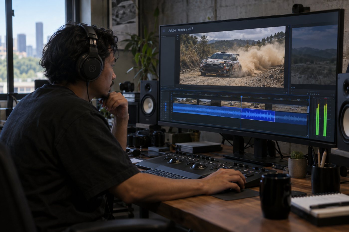 Efek suara generatif disejajarkan dengan gerakan dalam timeline Premiere 26.5 untuk diperiksa sinkronisasinya.