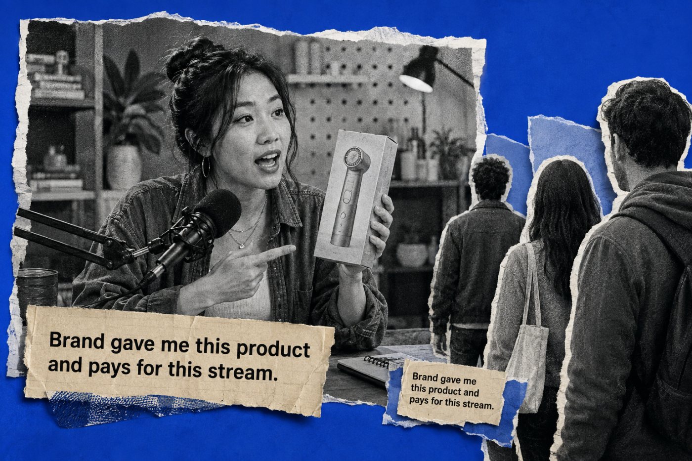 A livestream host repeats a paid-product disclosure for viewers joining after the opening.