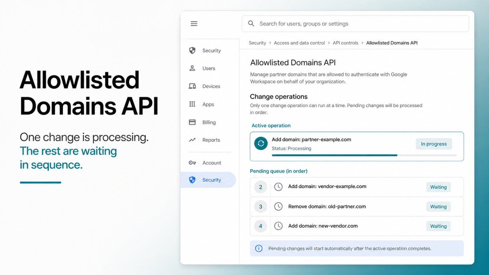 Workspace automatiza dominios permitidos, pero la API no admite lotes