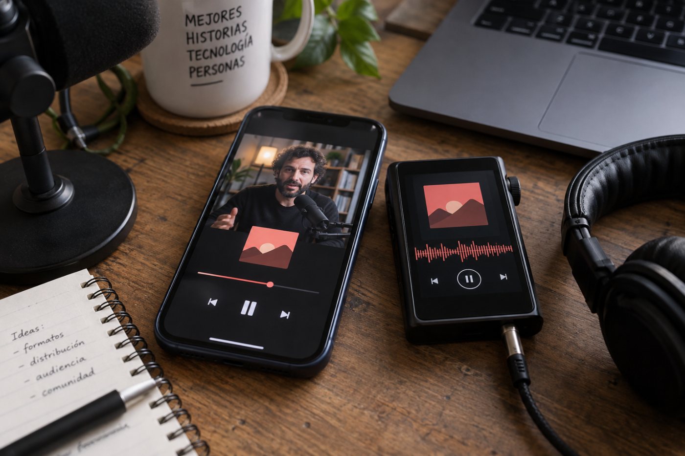 Un mismo episodio de Blubrry Publisher disponible como vídeo HLS en Apple Podcasts y como audio MP3 en otra aplicación.