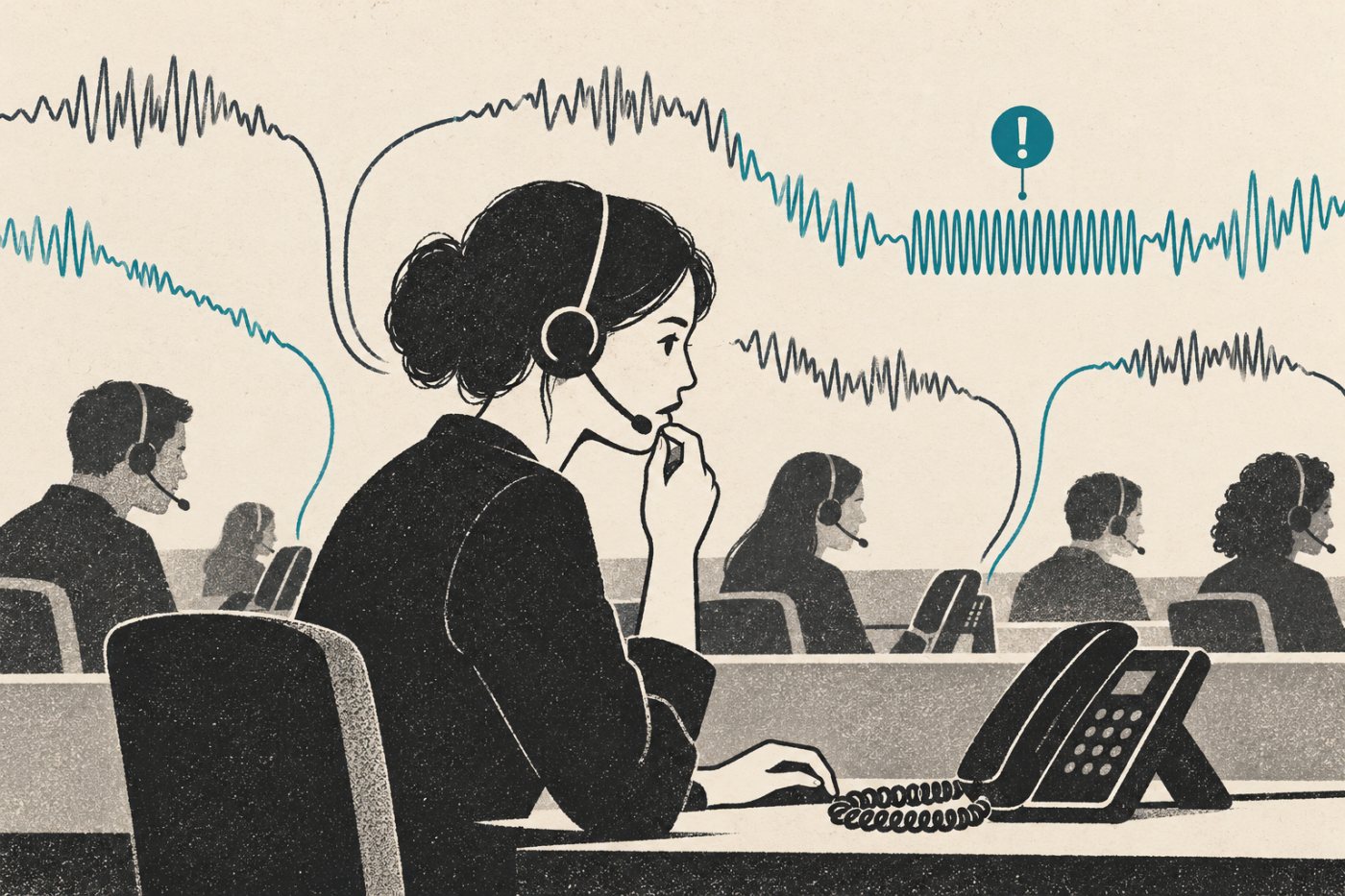 Una chiamata in un call center presenta segnali vocali naturali e un segmento sintetico che l’analisi audio di Modulate può distinguere.