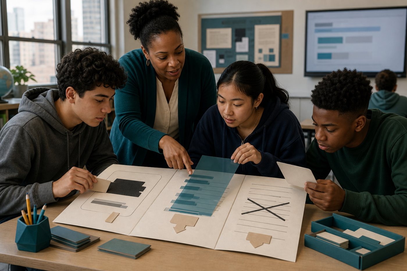 Estudiantes de secundaria de Nueva York analizan críticamente una respuesta de IA bajo supervisión docente.