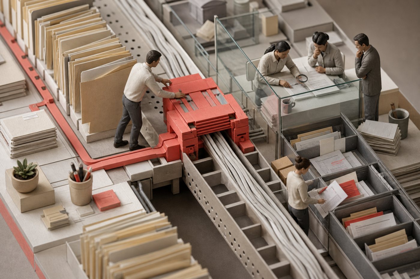 Embedded technical and domain teams redesign a rules-based service workflow while checking accuracy and service quality.
