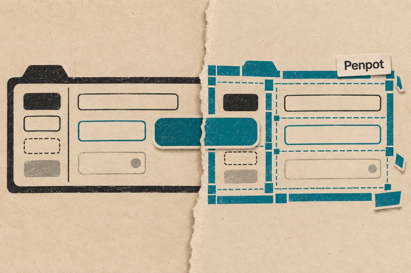 Un composant d’interface migré de Figma vers Penpot conserve ses variantes, tandis que sa mise en page demande une reprise.