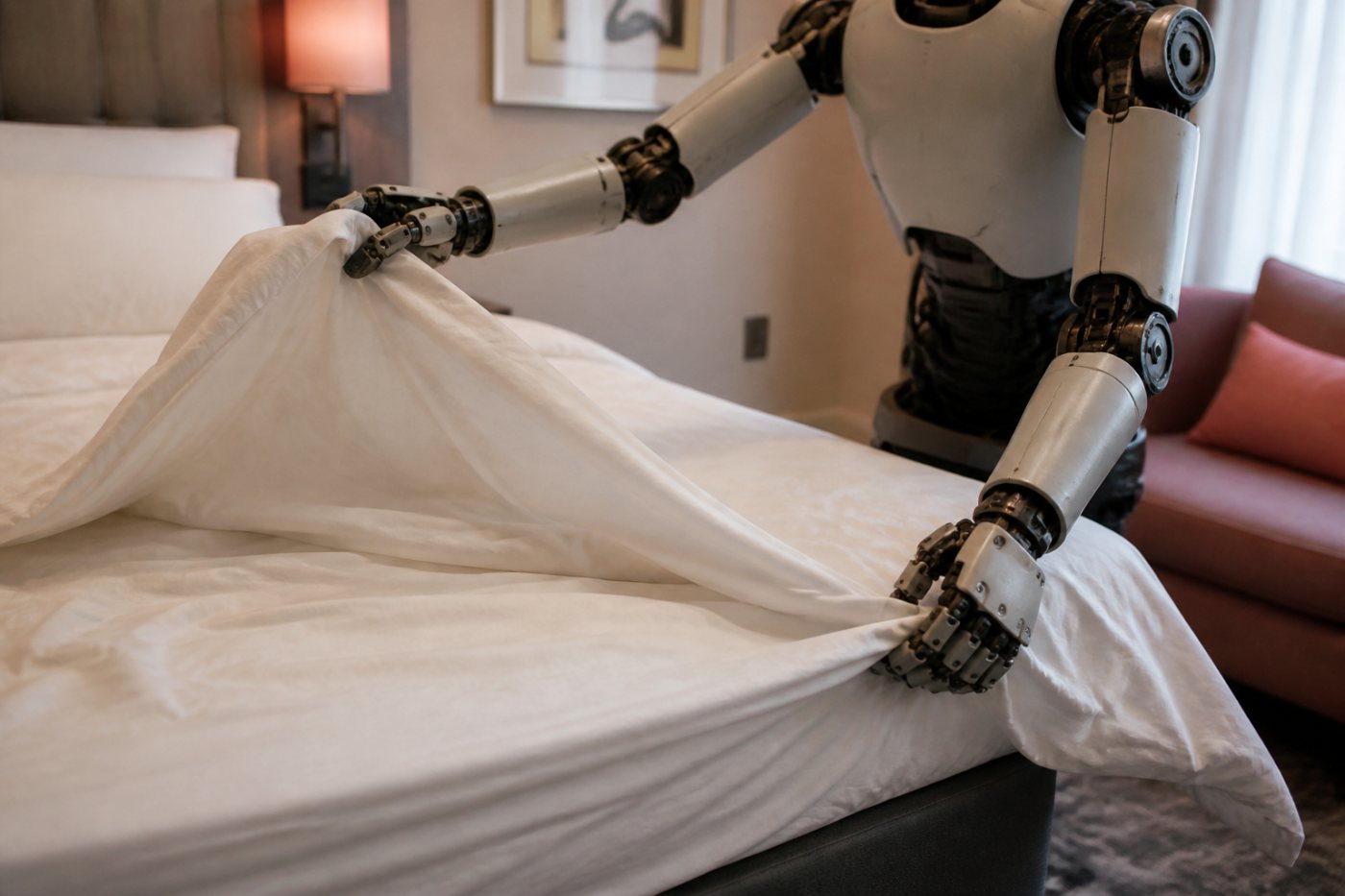 Un humanoïde tente de faire un lit lors d’une épreuve hôtelière, mais le linge déformable reste mal aligné.