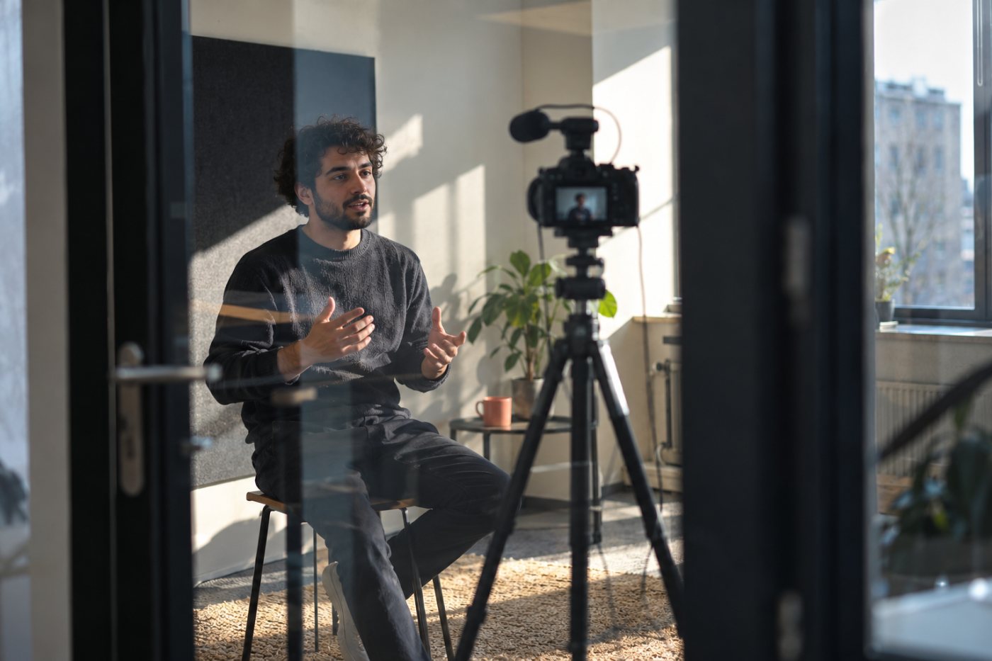 En founder optager det videopitch, som indgår i ekspertpanelets vurdering af en Start-up Denmark-idé.