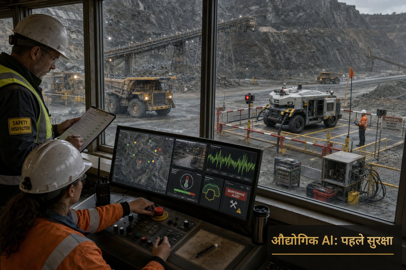 औद्योगिक AI तैनाती में सुरक्षा, मानव निगरानी और नियामकीय चुनौतियां दिखाता Atoms संदर्भित दृश्य